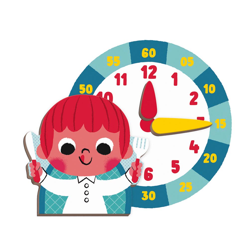 Illustration of a character with red hair holding a clock, with numbers and time indicators.