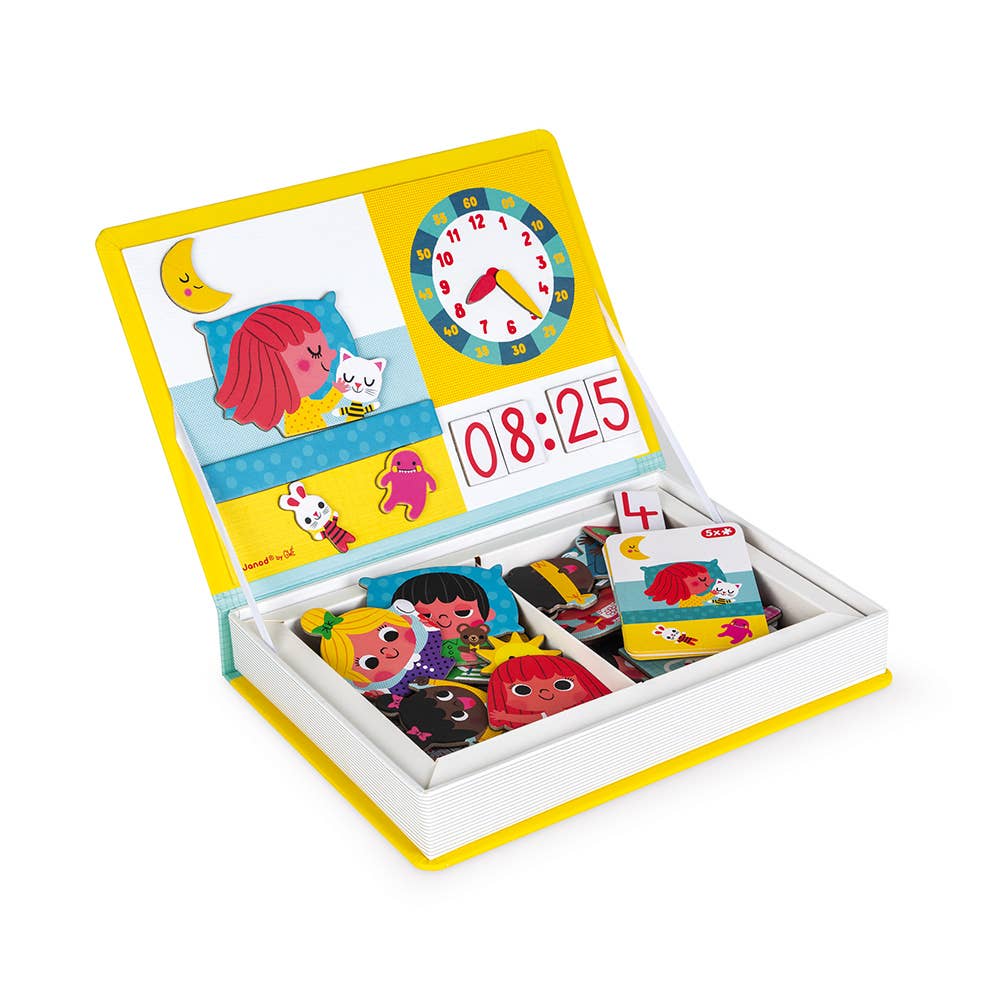 Children's educational puzzle with cartoon characters and a clock on a white background