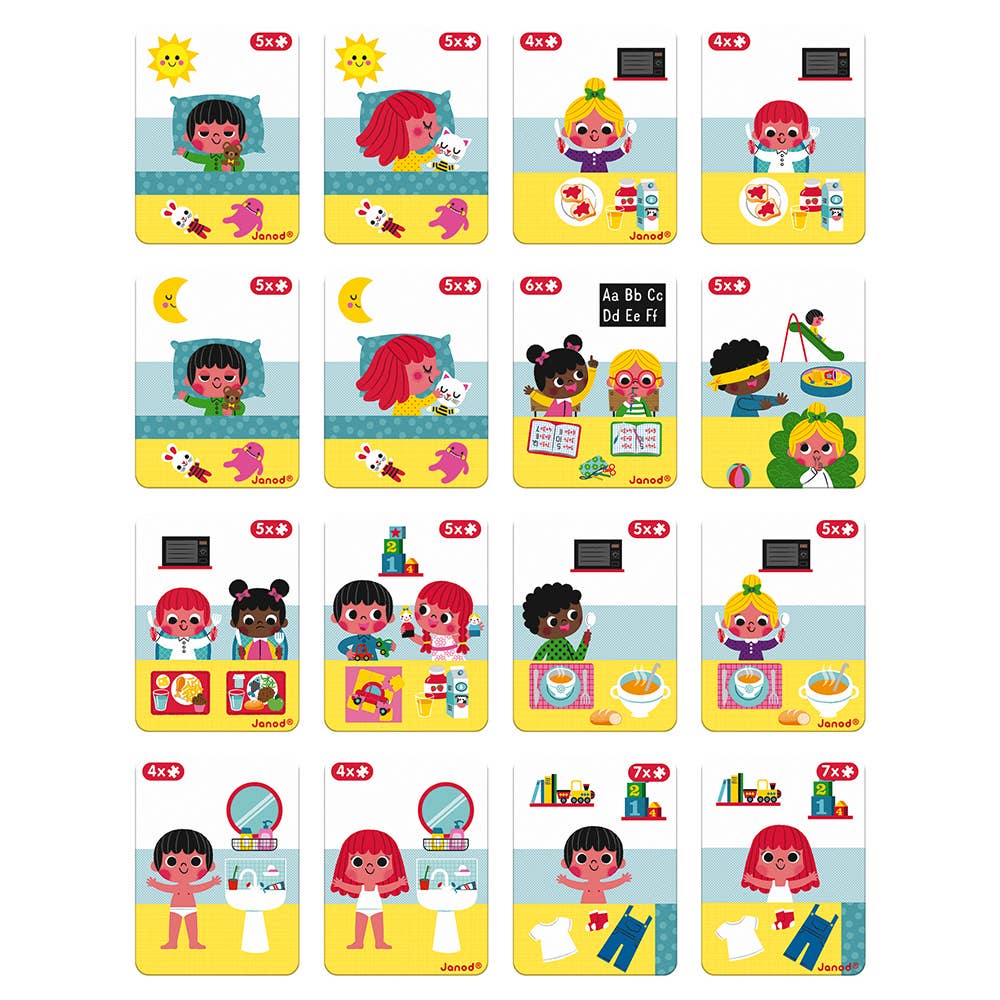 A set of colorful children's educational activity cards arranged in a grid. The cards feature cartoon characters, animals, and everyday scenes with Hebrew text labels such as 'SUN', 'MILEY', 'AS Bb co Dd ee ff', and '6x6'.