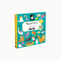 A children's activity book titled 'Magnét stories' shown at a slight angle. The cover is bright teal with colorful cartoon cat illustrations and a yellow spine, photographed on a clean off-white background.