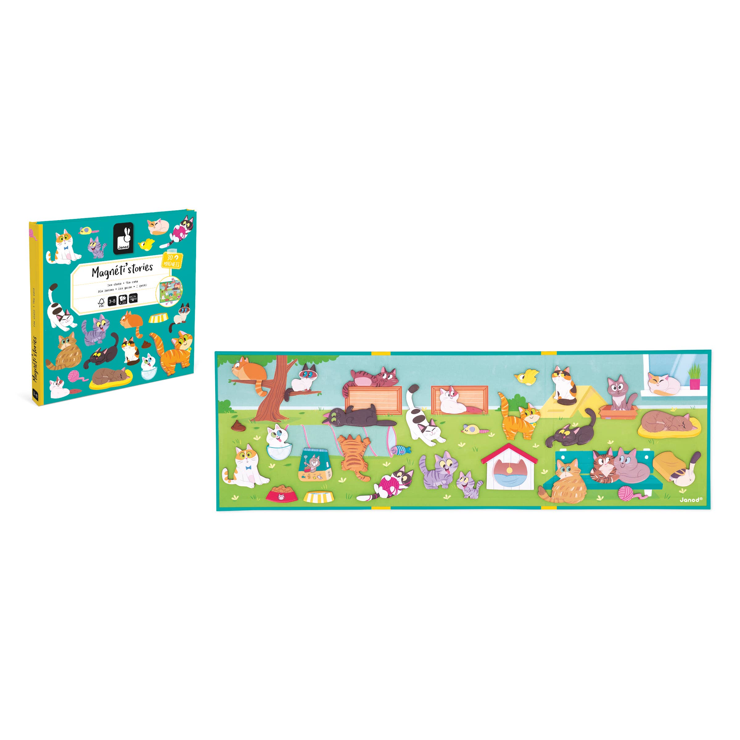 Children's book with a colorful cover and a large illustrated mat featuring cartoon cats.