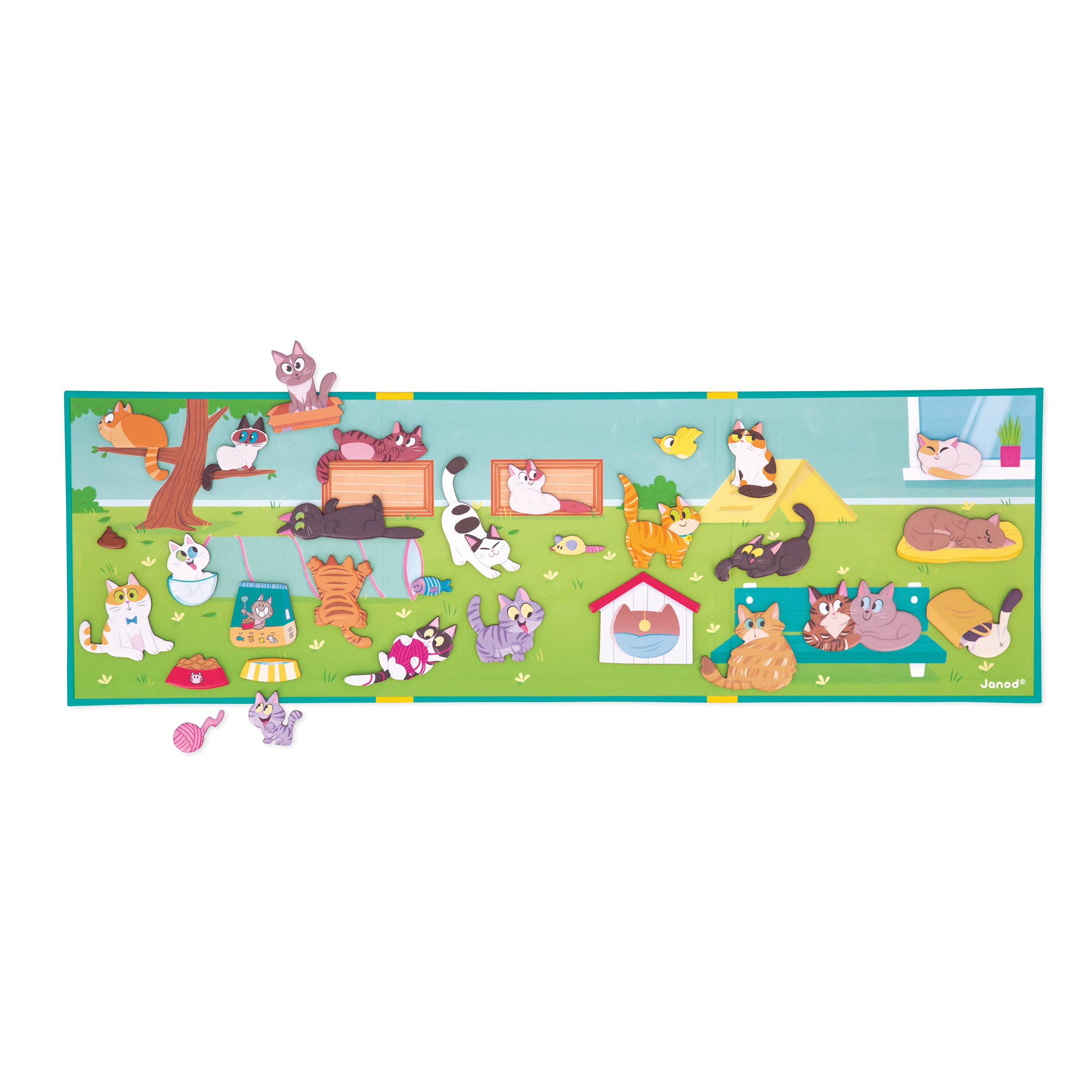 Colorful children's rug with cartoon cats and cat-themed items on a white background
