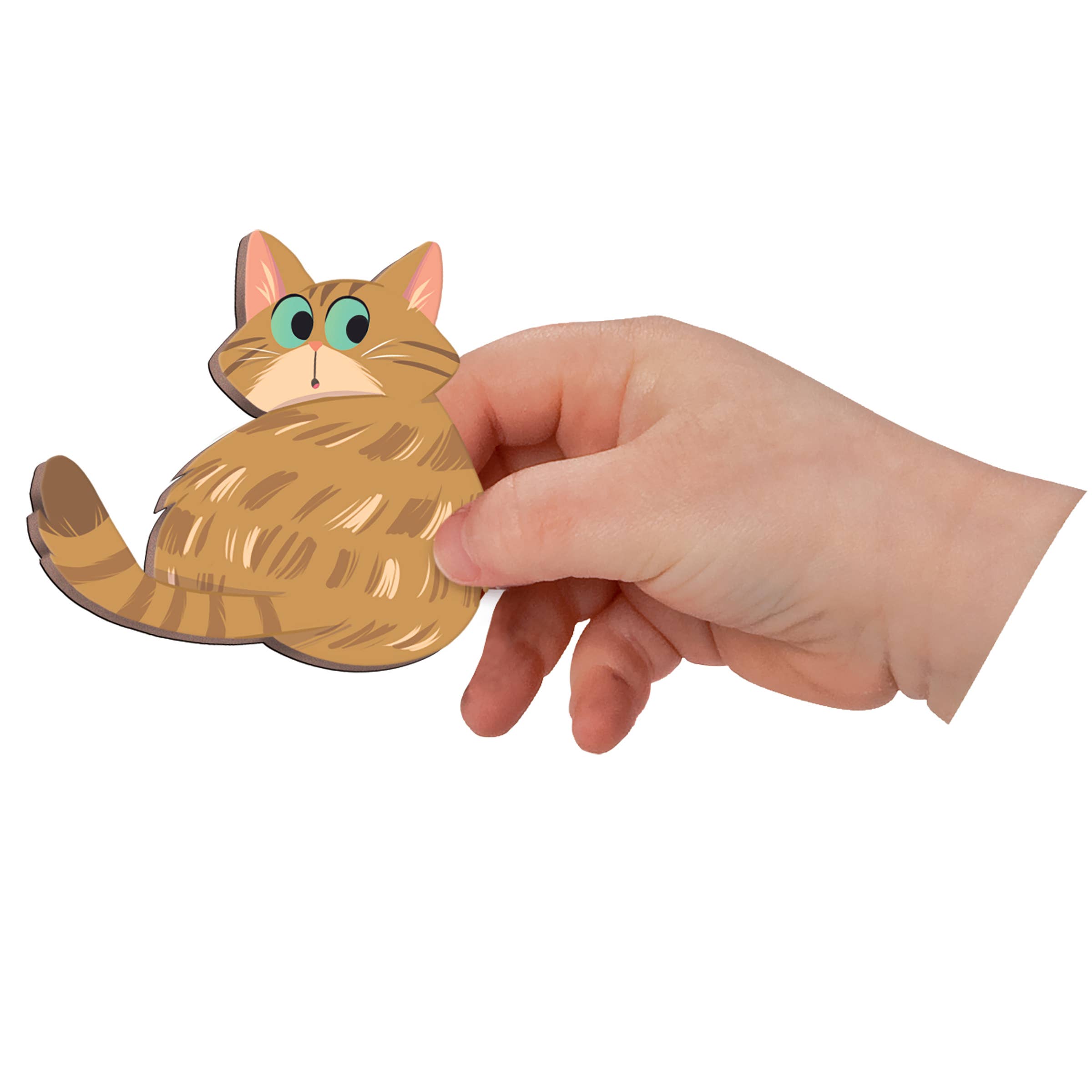 Hand holding a cat-shaped stress ball against a white background