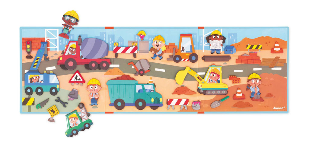Children's puzzle with construction-themed scene including workers, vehicles, and equipment.