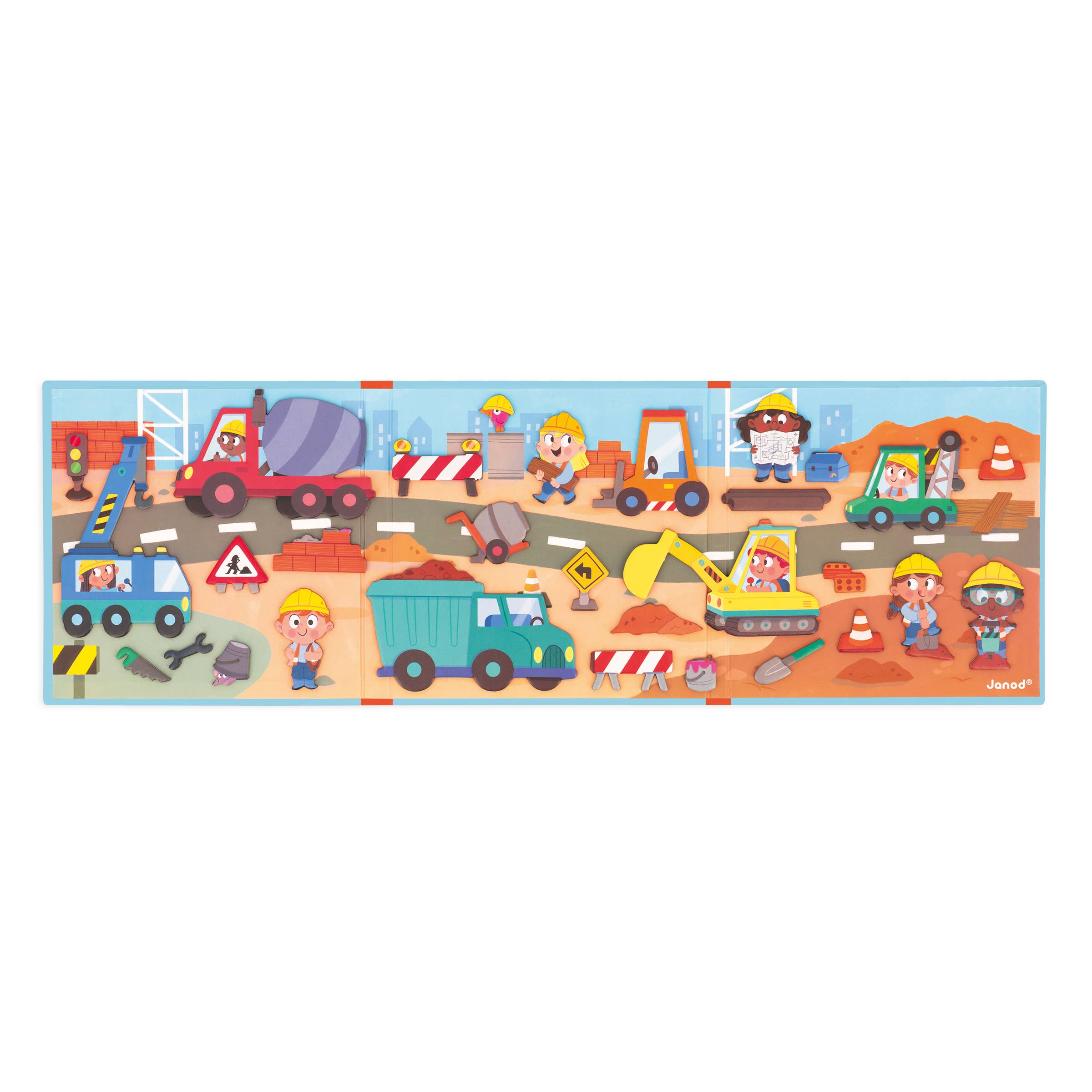 Children's puzzle with construction vehicles and workers on a white background