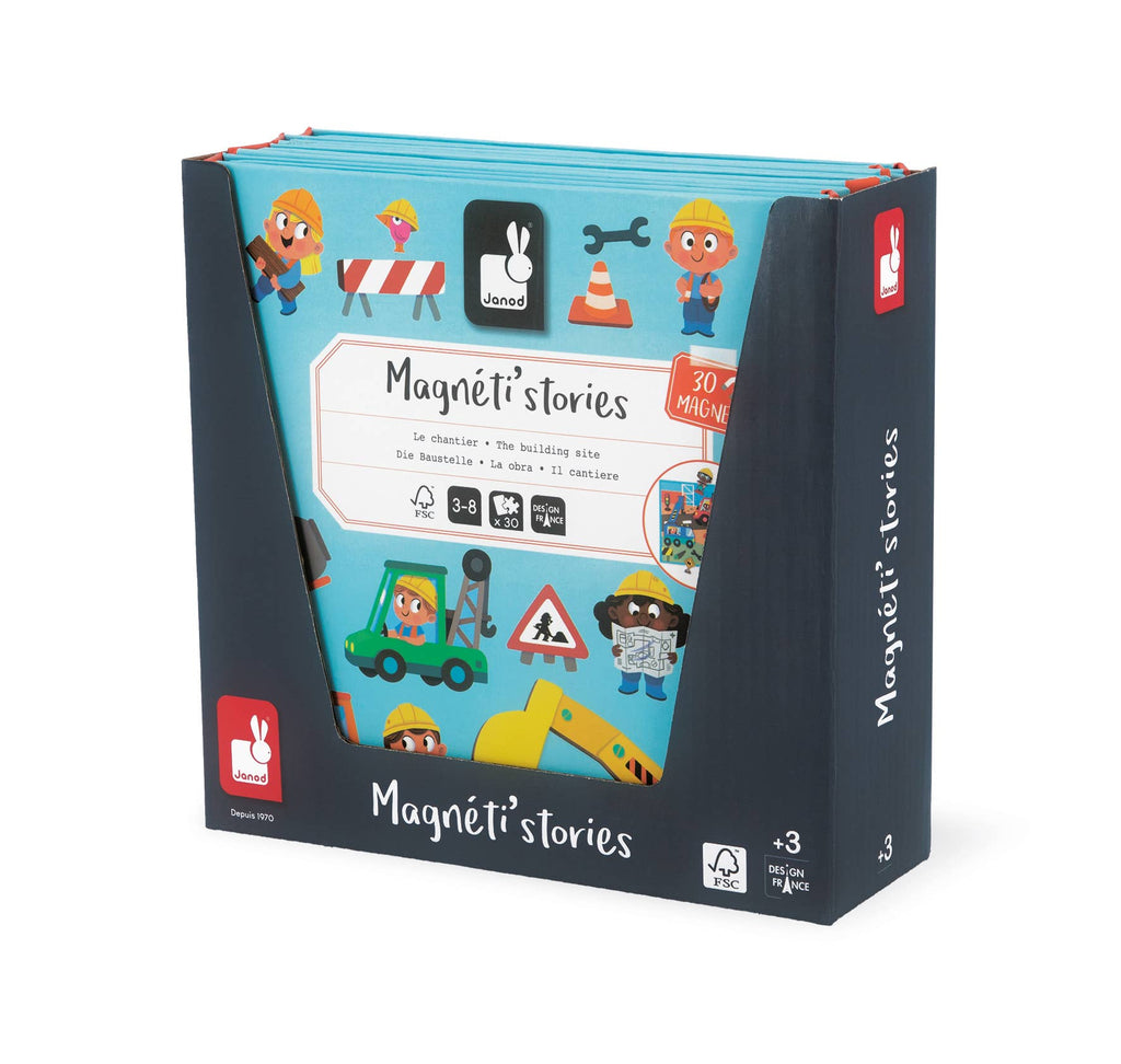 Packaging of 'Magneté stories' with cartoon characters and construction theme on a white background