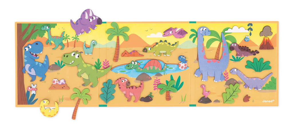 Children's dinosaur puzzle with colorful dinosaurs and a landscape background