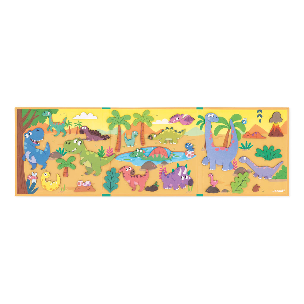 Children's puzzle with colorful dinosaur illustrations on a yellow background