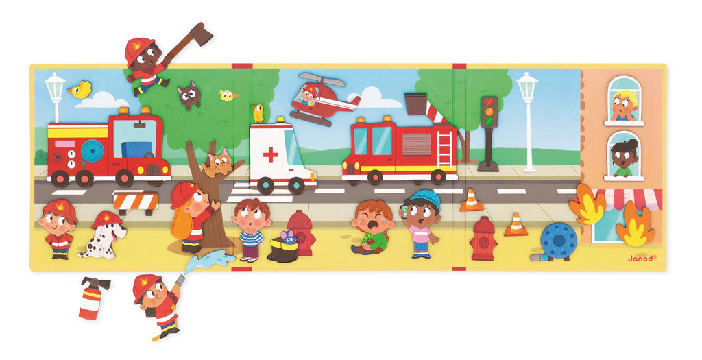Children's puzzle with illustrations of emergency vehicles and characters on a city street.