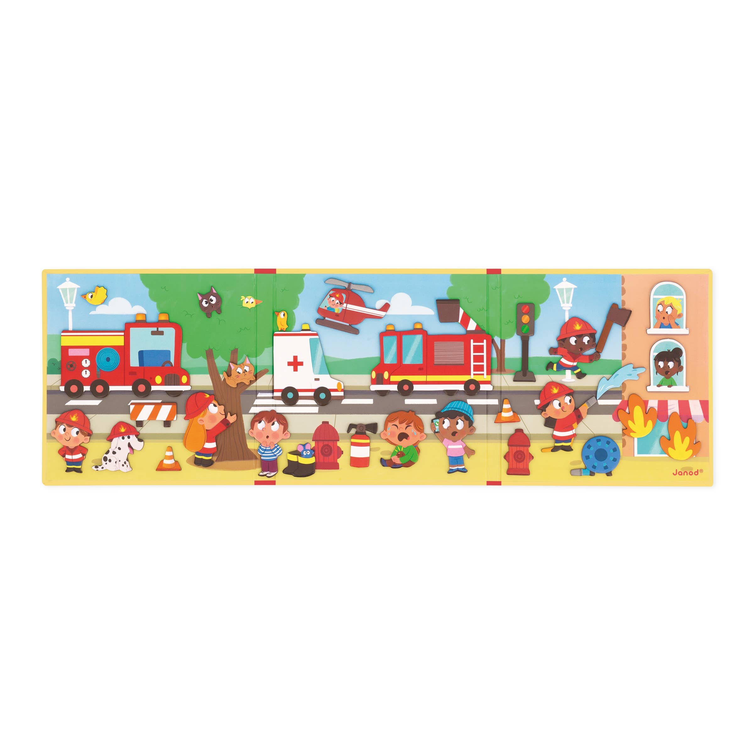 Children's puzzle with colorful illustrations of emergency vehicles and characters on a white background.