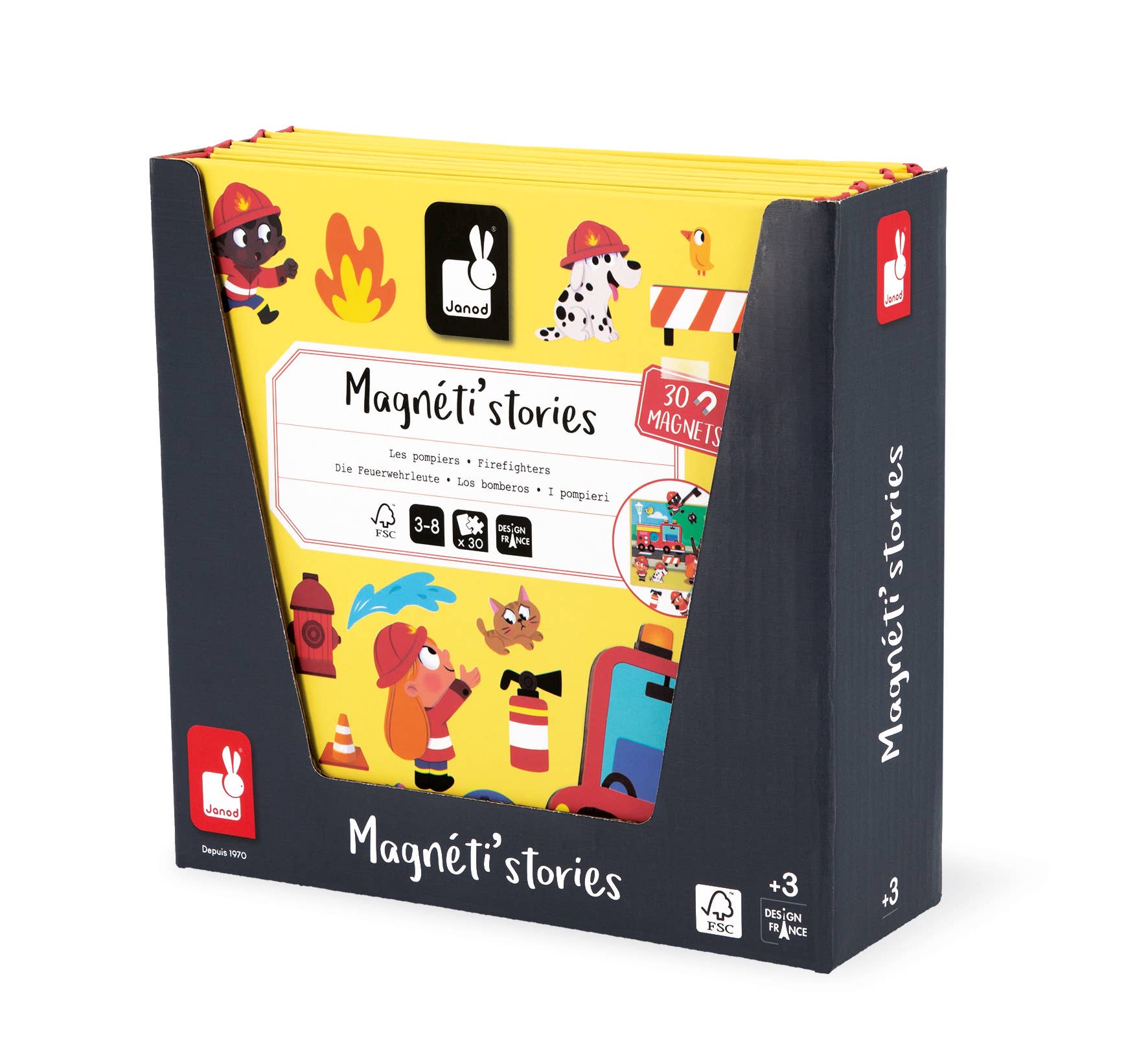 Box of Magnéti'stories magnetic storytelling set with colorful illustrations on a white background