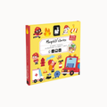 A children's toy box titled "Mâgéti stories" shown at a slight angle on a plain white background. The box is predominantly yellow with colorful cartoon illustrations of fire fighters, an ambulance, a fire truck, a hydrant, and other emergency-themed characters.