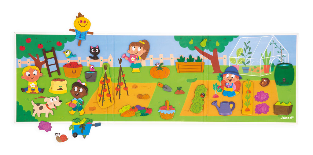 Colorful children's garden scene with various characters and elements on a white background