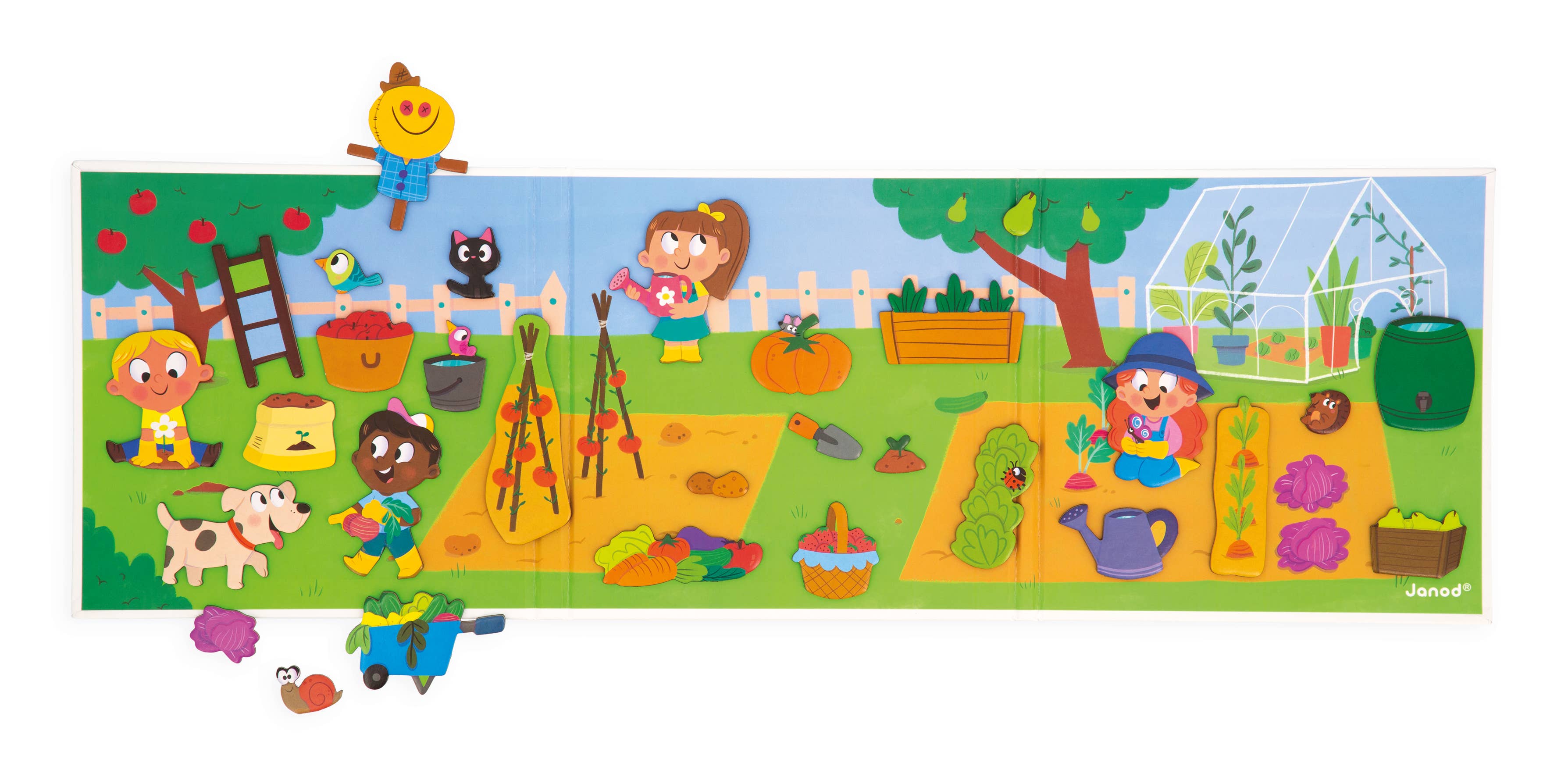 Colorful children's garden scene with various characters and elements on a white background