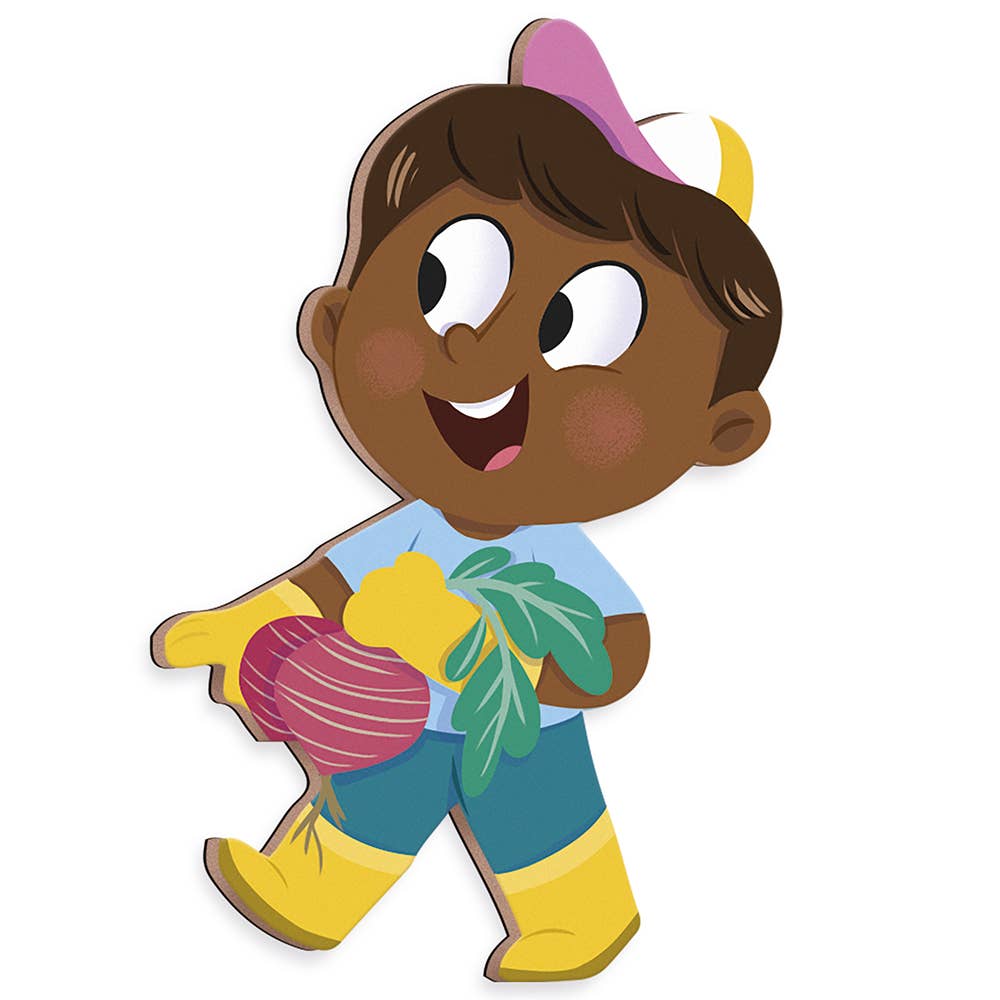 Cartoon character holding vegetables on a white background