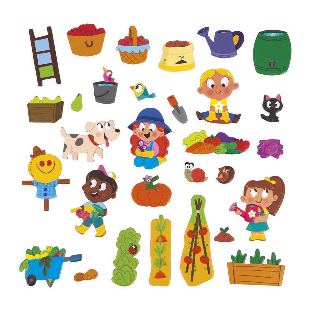 Set of colorful garden-themed illustrations including children, animals, and gardening tools on a white background.