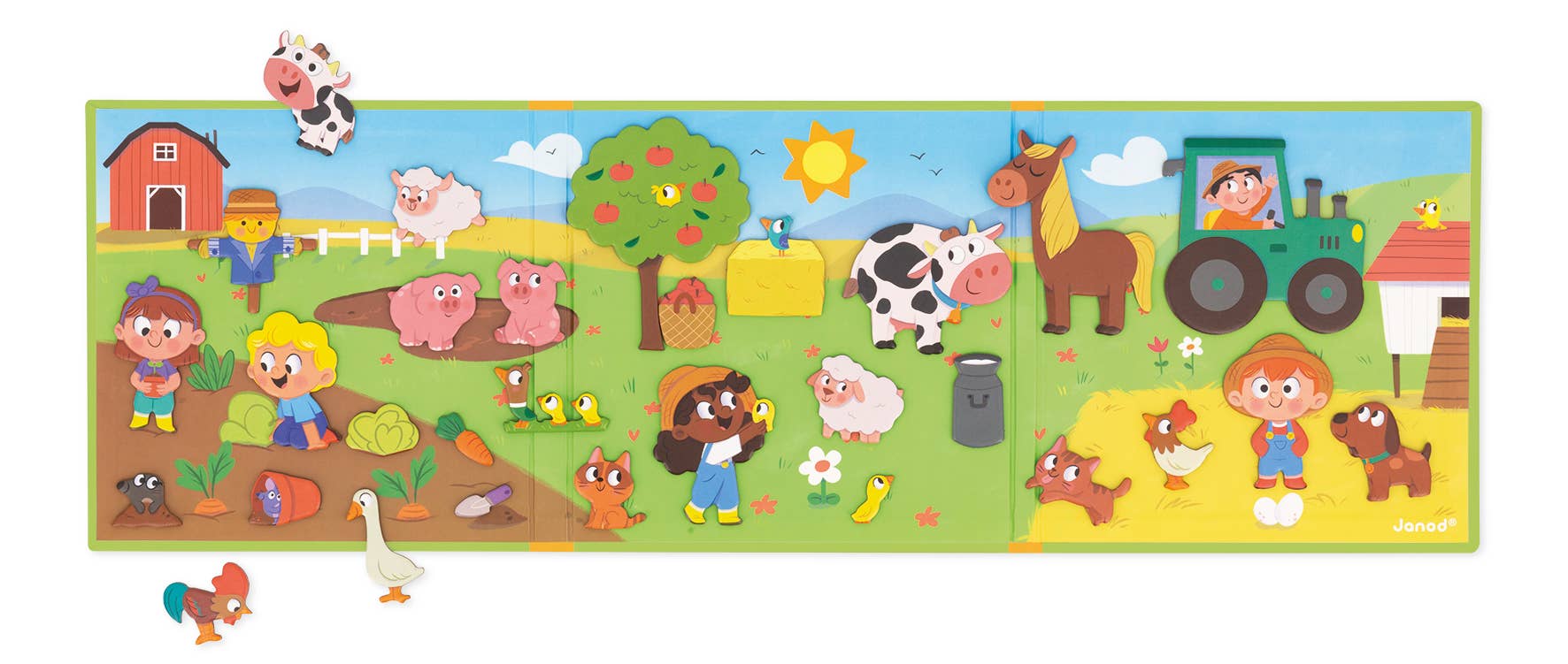 Colorful farm-themed children's rug with cartoon animals and children on a green background