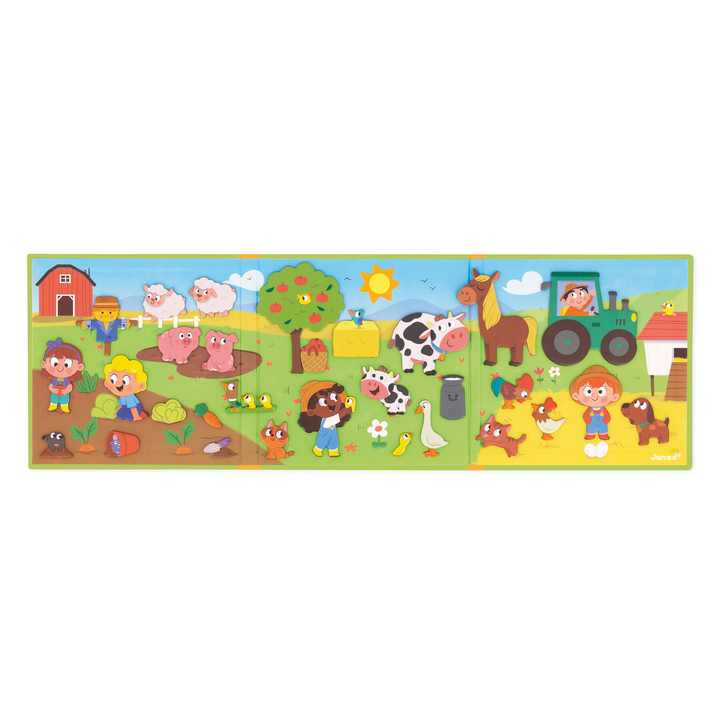 Children's puzzle with farm animals and characters on a colorful background