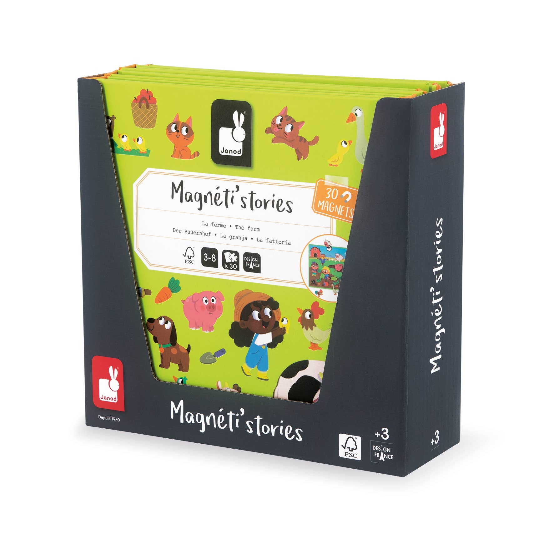 Box of Magnéti's stories with colorful animal illustrations on a white background