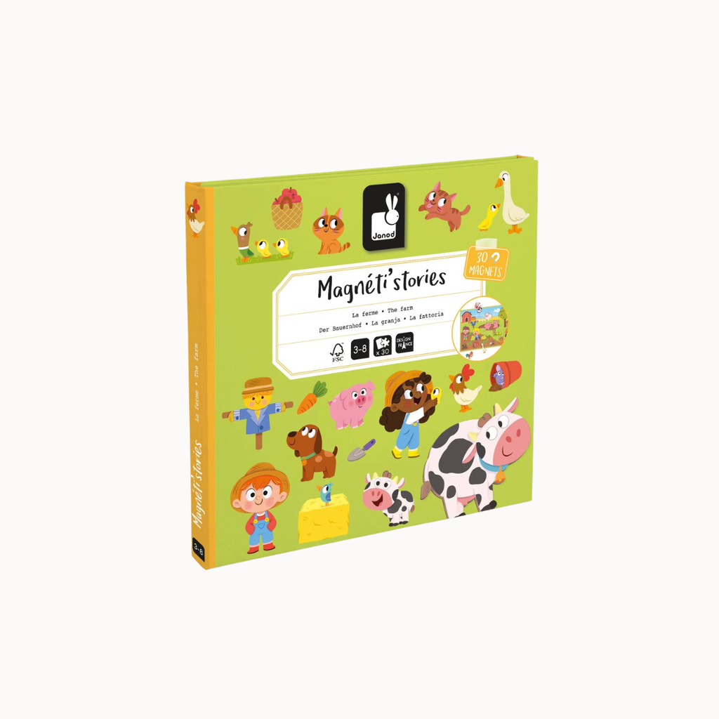 A children's educational toy book titled 'Magnét stories' featuring colorful cartoon farm animals and characters on a light green cover, shown at an angle on a plain white background.