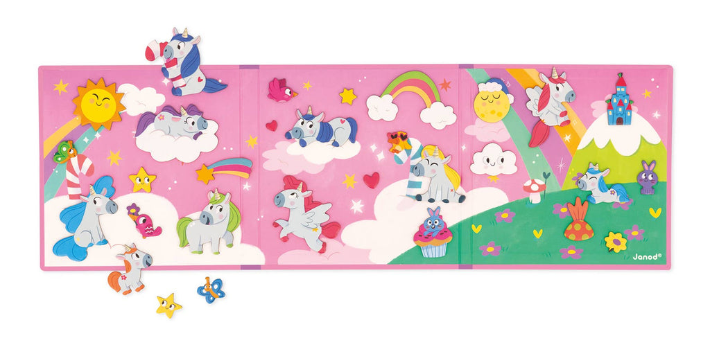 Children's play mat with cartoon unicorns on a pink background