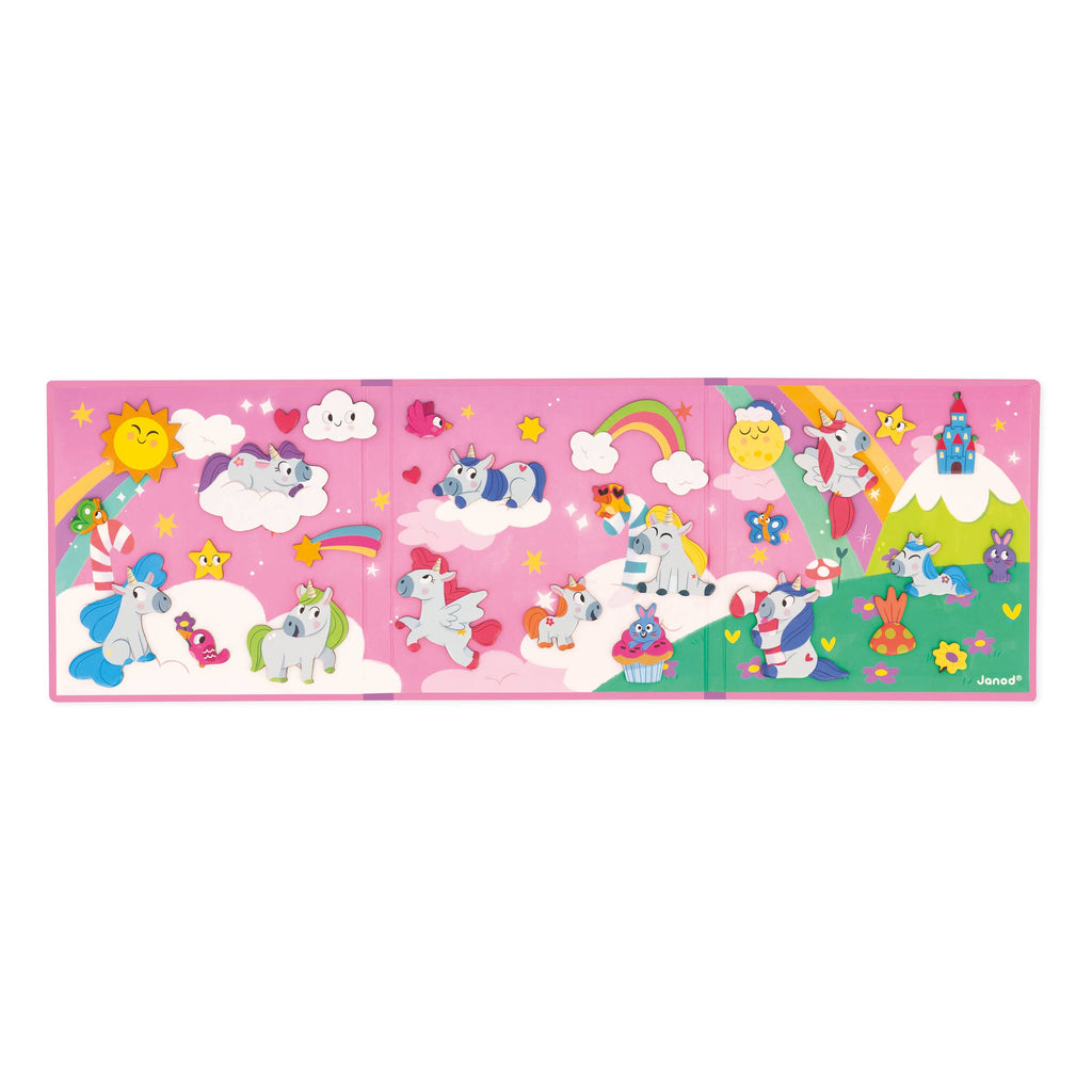 Children's play mat with cartoon unicorns and rainbow on a pink background