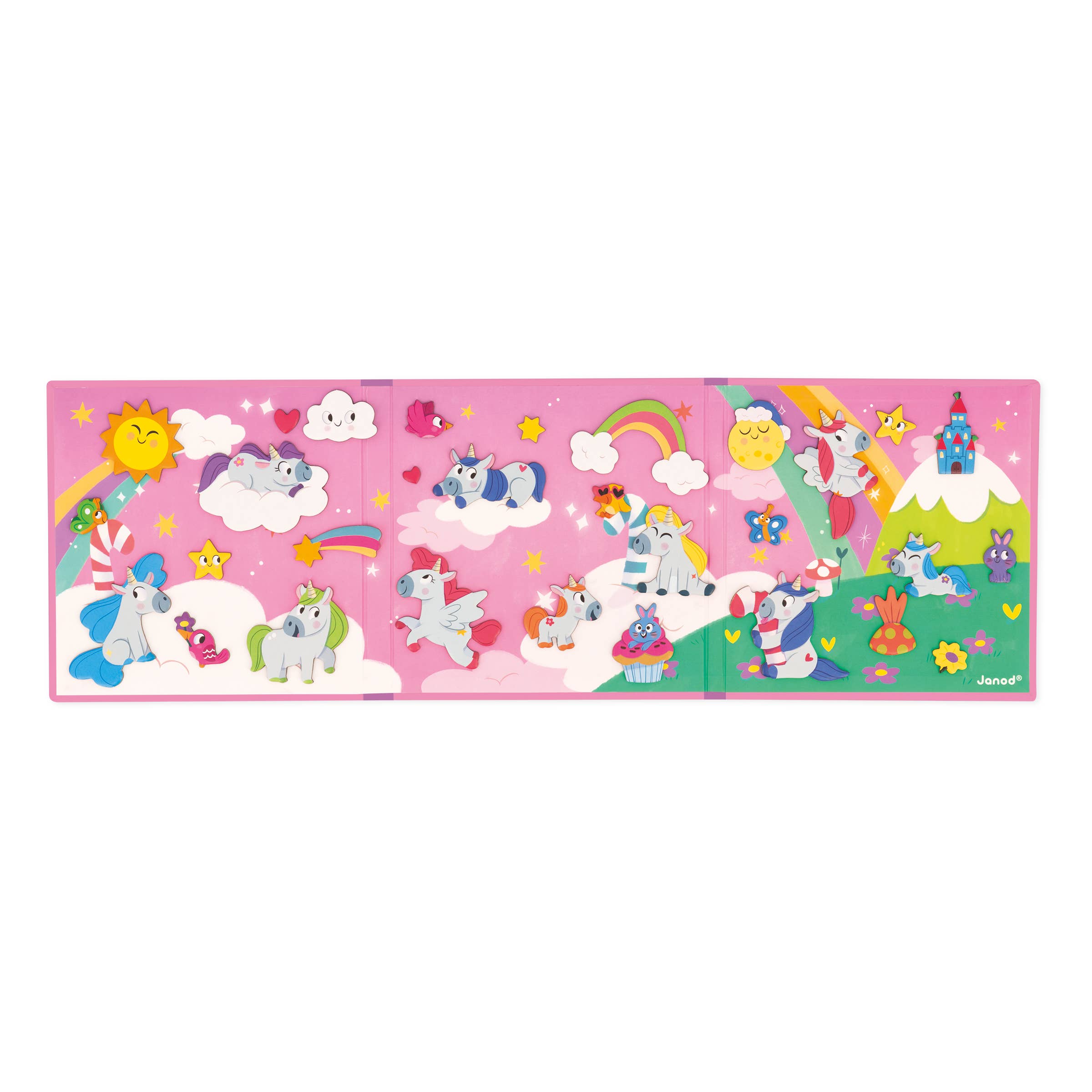 Children's play mat with cartoon unicorns and rainbow on a pink background