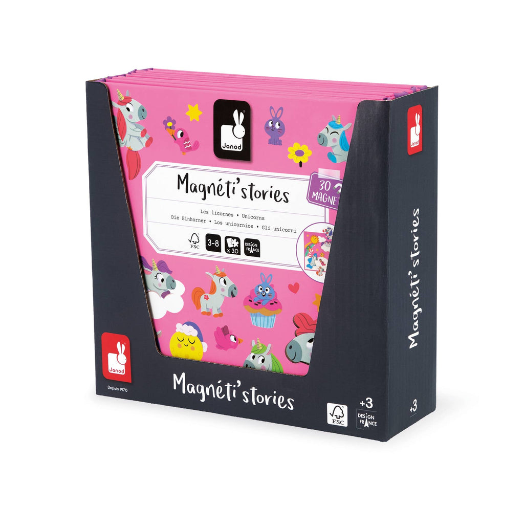 Box of Magnéti' stories with colorful illustrations on a white background