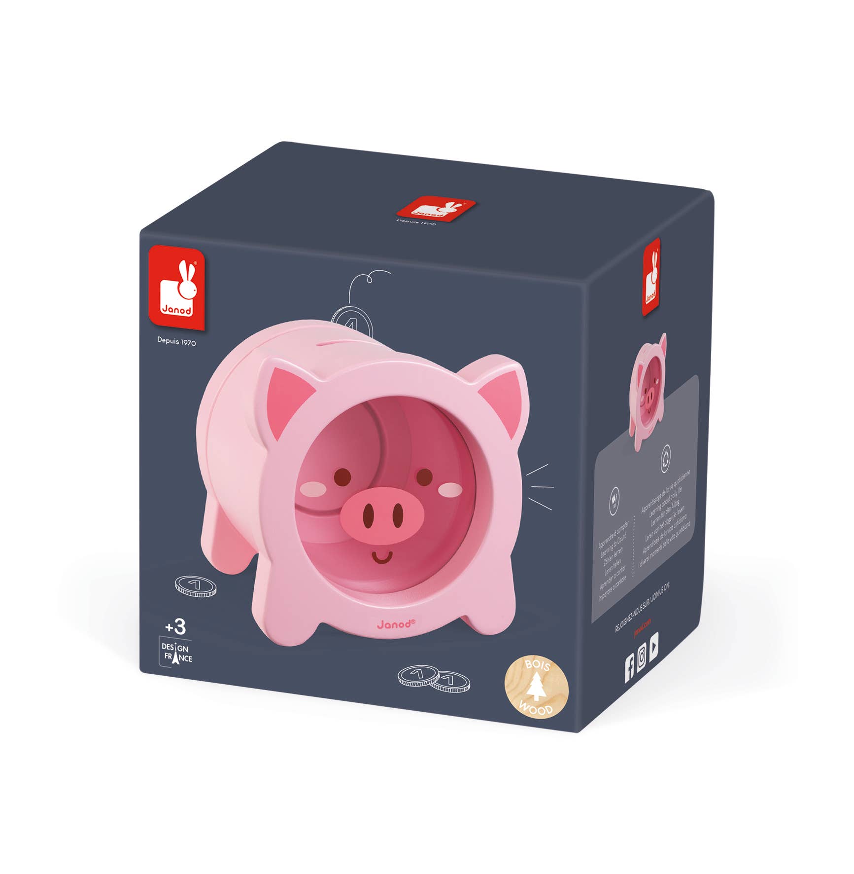 Pink pig-shaped toy with a blue box on a white background