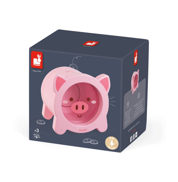Pink pig-shaped toy with a blue box on a white background
