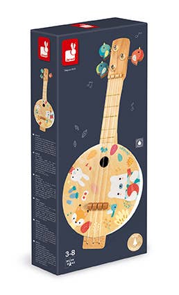 Box of a children's musical instrument with cartoon designs on a white background