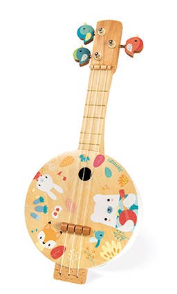 Toy ukulele with colorful design on a white background