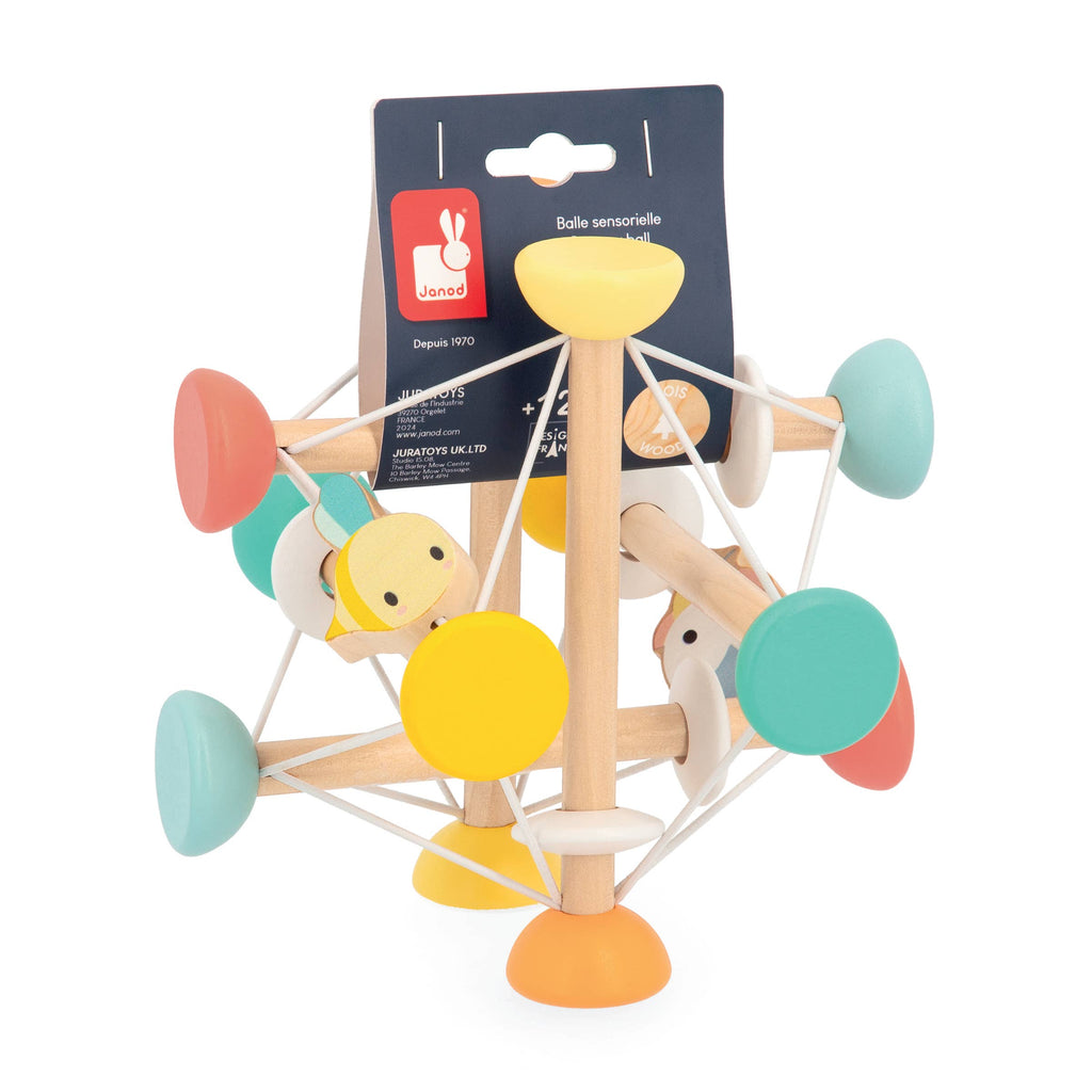 Colorful baby teething toy with a Janod label on a white background