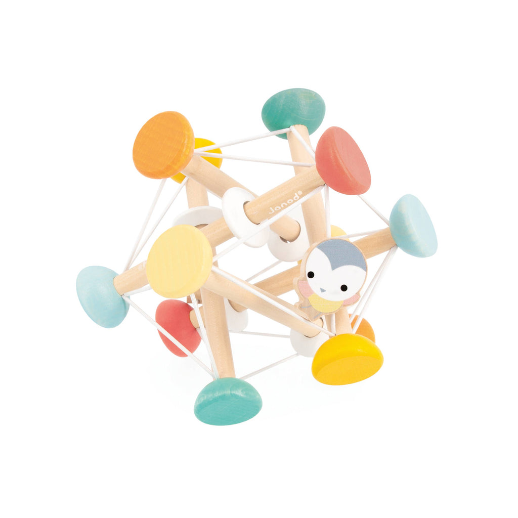 Colorful geometric wooden toy with a small face on a white background