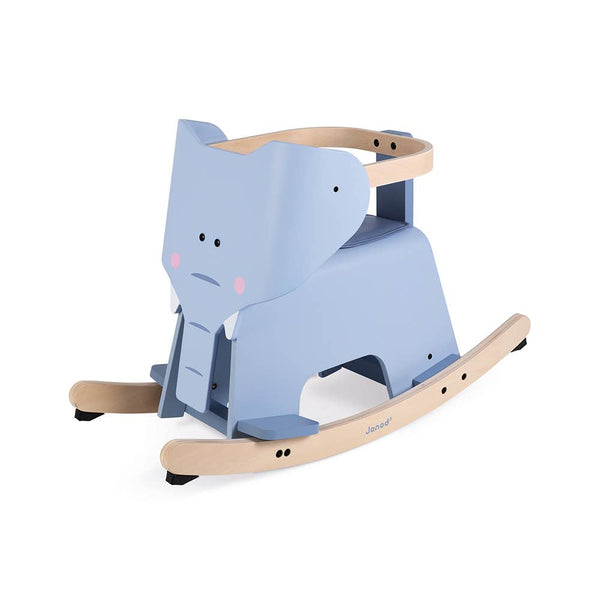 Blue elephant-shaped rocking toy on a white background
