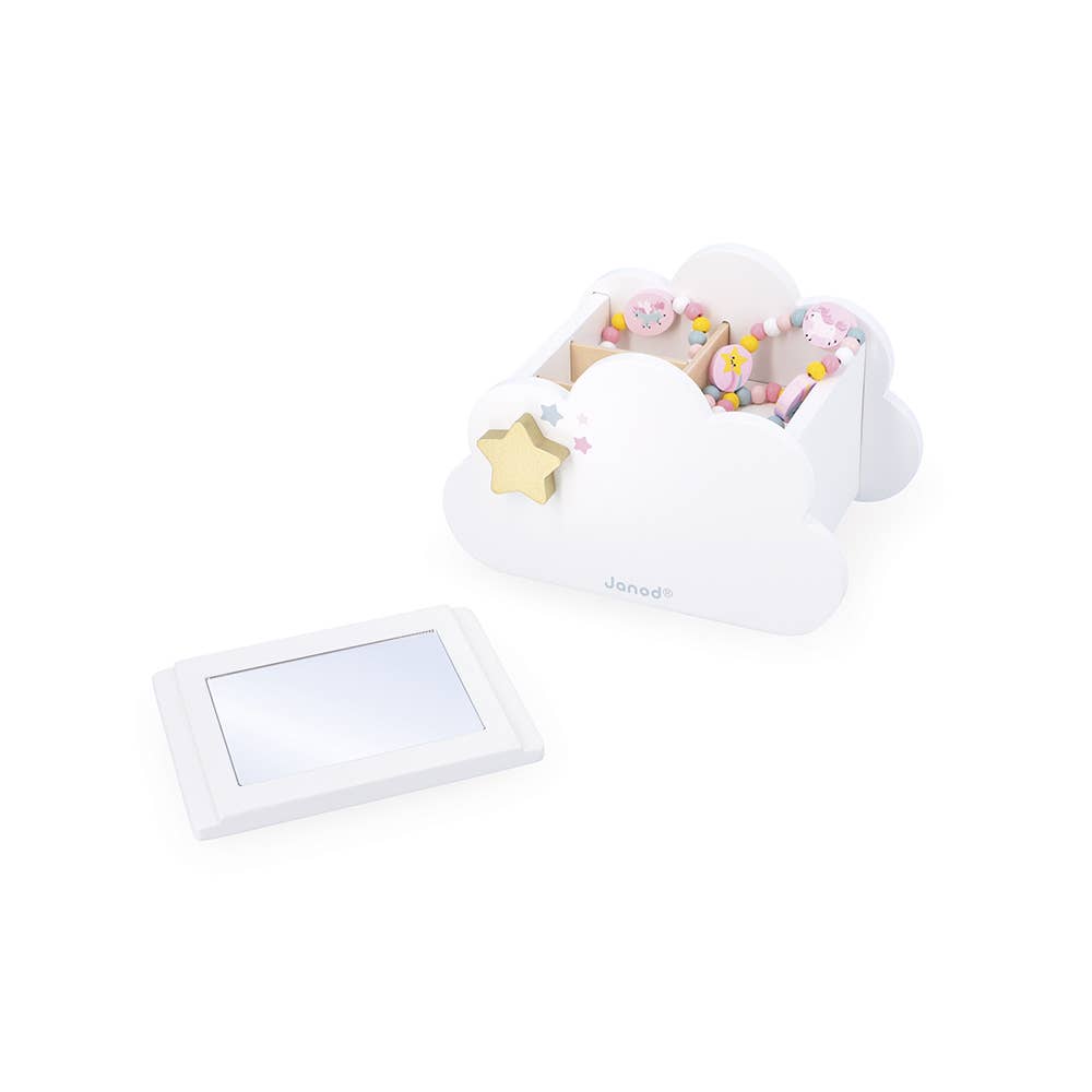 White cloud-shaped toy with colorful stars and a digital display on a white background