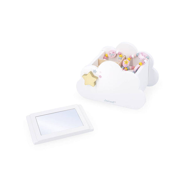 White cloud-shaped toy with colorful stars and a digital display on a white background