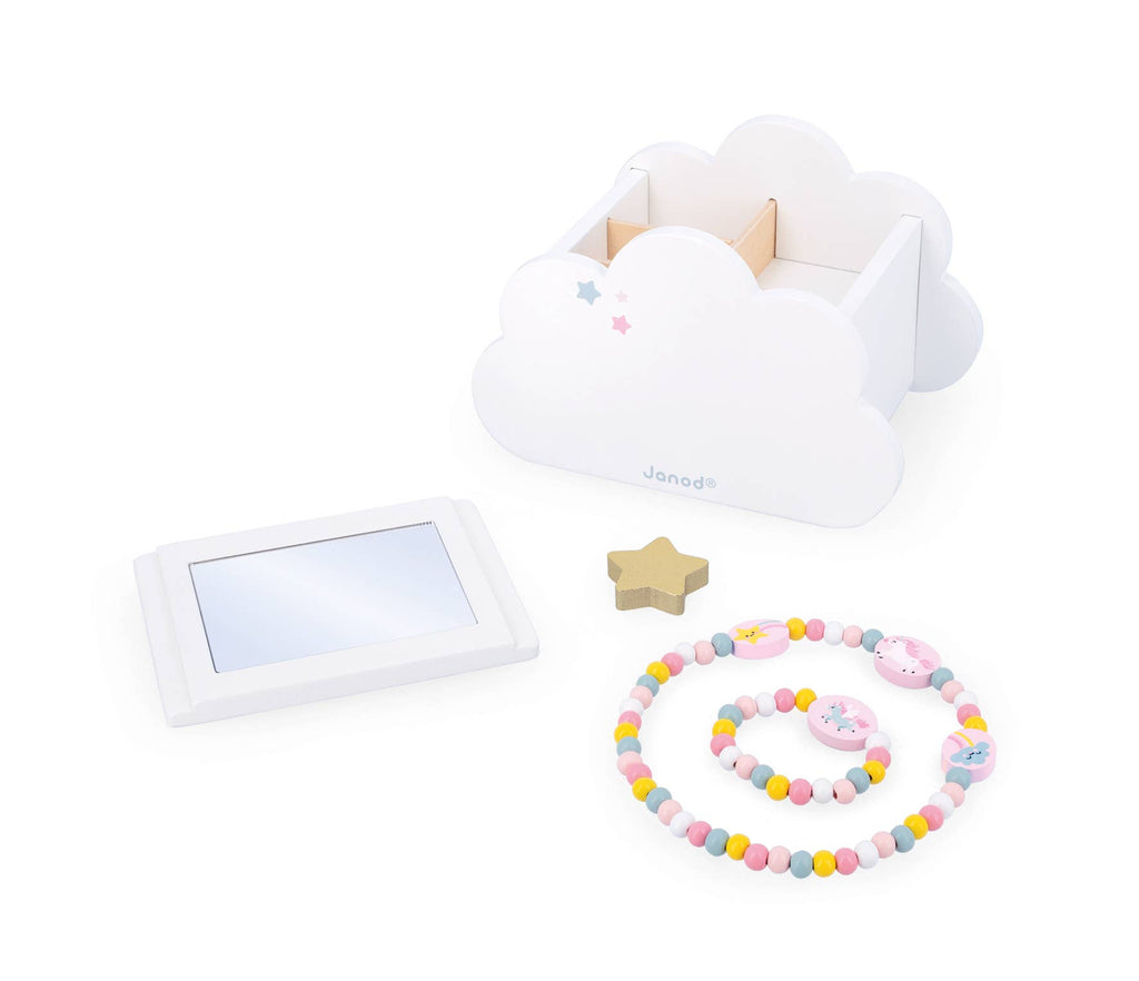 Children's toy set with a tablet, necklace, and star-shaped object on a white background