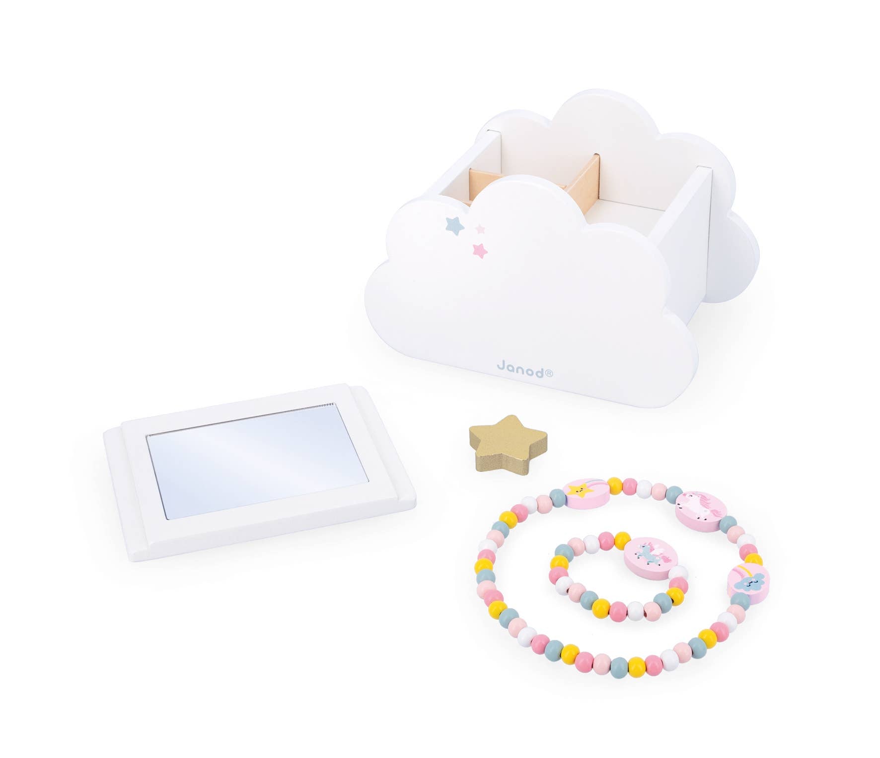 Children's toy set with a tablet, necklace, and star-shaped object on a white background