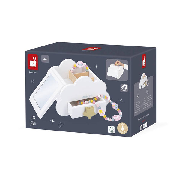 Product packaging with a cloud-shaped toy and accessories on a white background