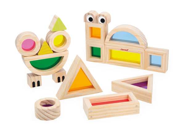 Wooden toy set with colorful shapes on a white background