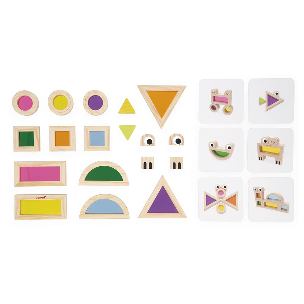 Set of colorful wooden shapes and animal figures on a white background