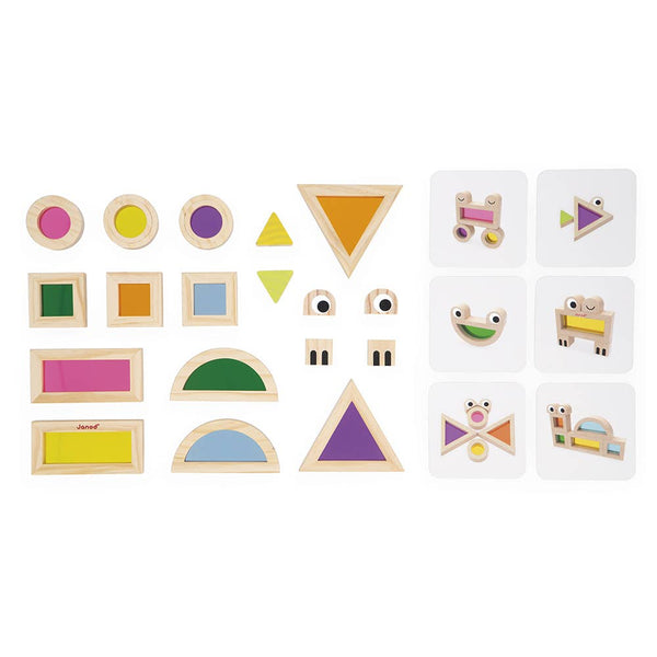 Set of colorful wooden shapes and animal figures on a white background