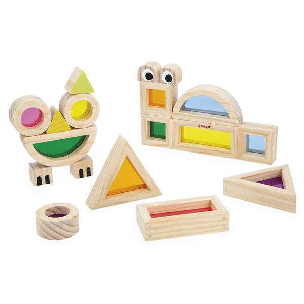 Set of wooden shape sorting toys on a white background