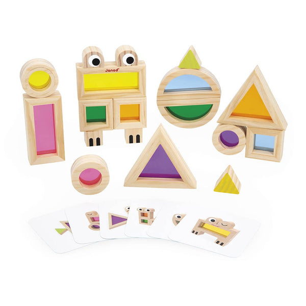 Wooden toy set with colorful geometric shapes on a white background