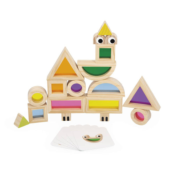 Colorful wooden toy with geometric shapes on a white background