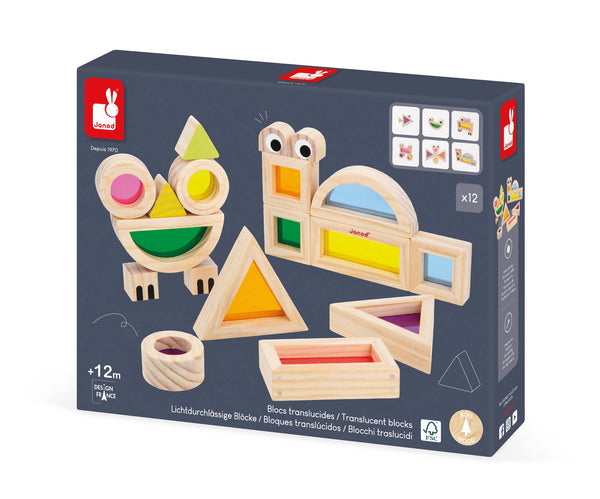 Wooden toy set packaging with colorful shapes on a white background