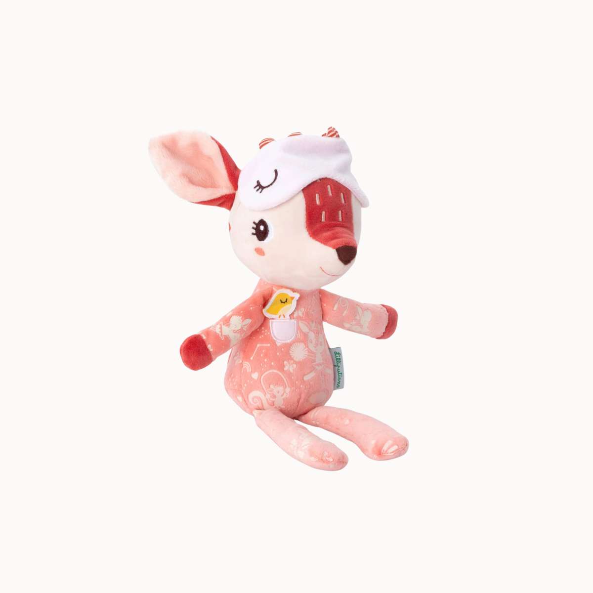 A pink plush toy deer wearing a white nightcap with a red strawberry design, sitting against a plain off-white background.
