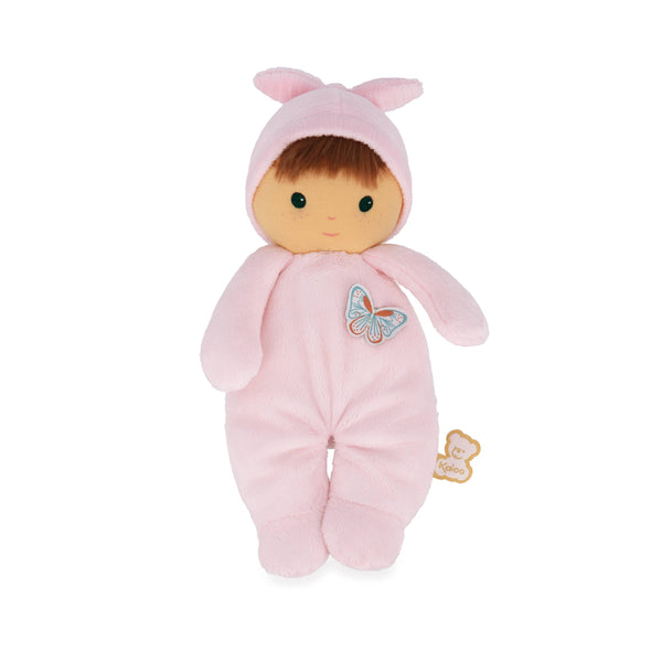 baby doll in pink outfit on white background