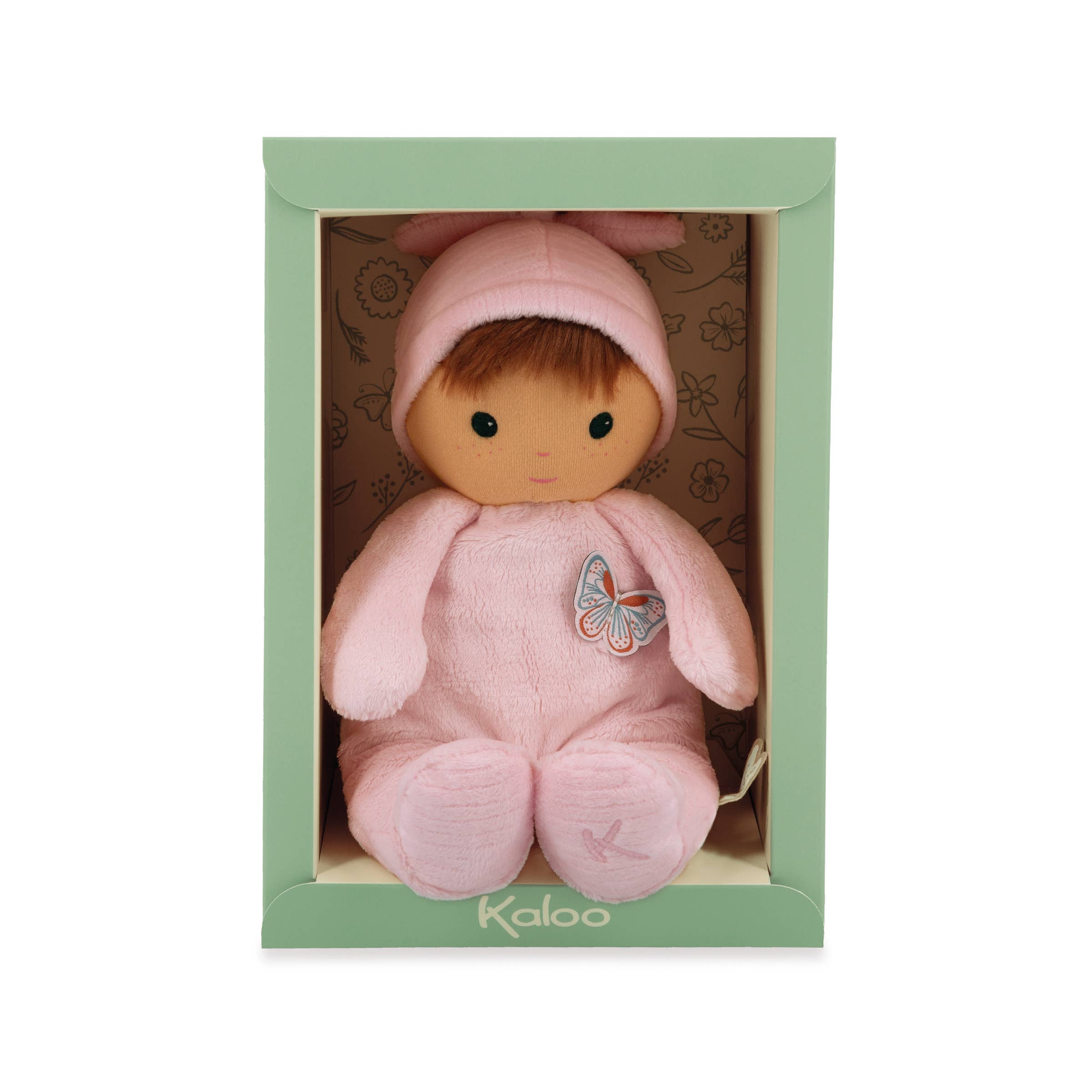 Pink plush toy with a butterfly design in a green box, featuring the brand 'Kaloo'.